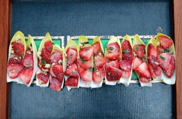 Gluten-free Florida Strawberry Shrimp Ceviche Endive Bites.